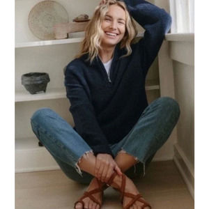 Jenni Kayne Boucle Half Zip Pullover Sweater Navy Blue Merino Wool Size XS